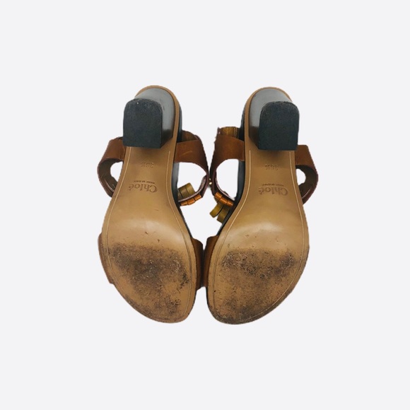Chloe Kiltie Block Heel Sandals in brown tan orang - Picture 5 of 8